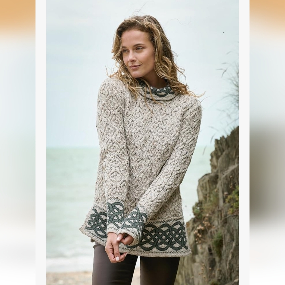 Aran Crafts Ranelagh Merino Jacquard Knit Crewneck Sweater in Oatmeal - M
